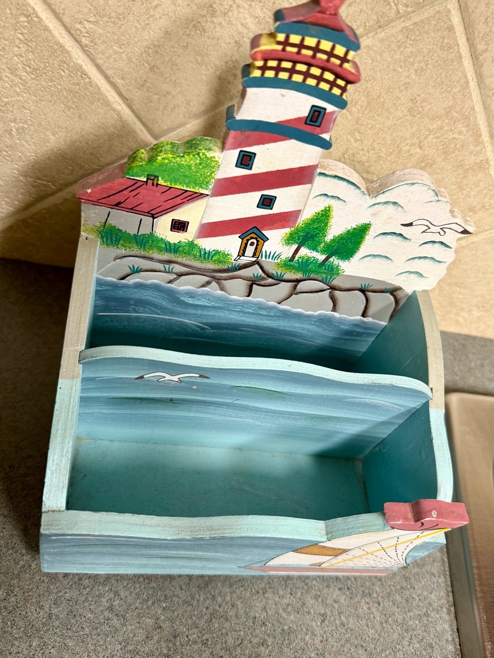 Vintage Hand-Painted Lighthouse Wooden Coastal Stationary Organizer